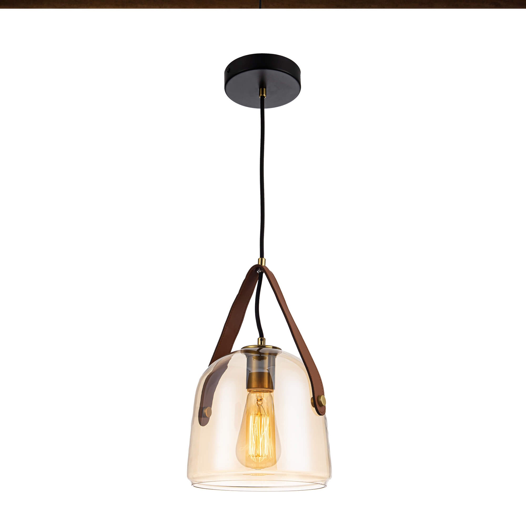 Candil Lámpara POTY Altura Regulable y Foco Incluido  Color Cuerpo: Negro + Oro, Pantalla: Ambar, Cinturon: Cafe