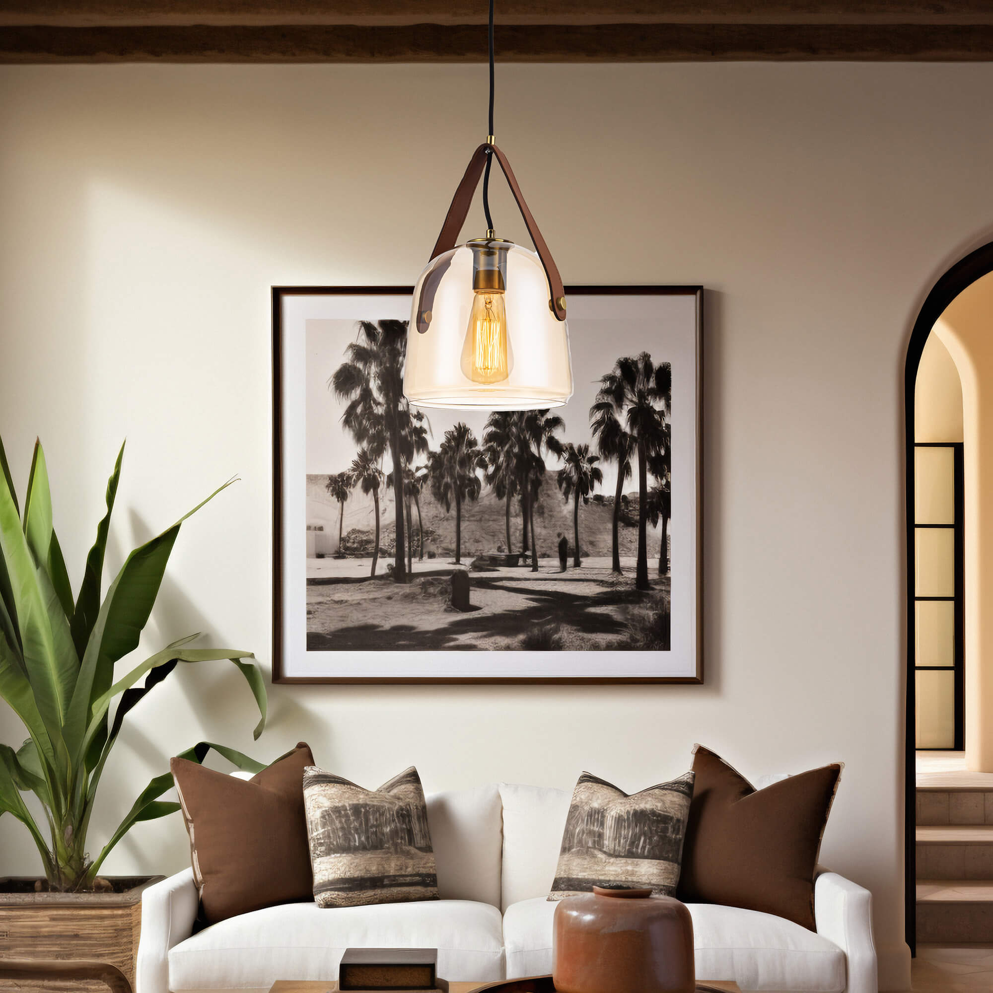 Candil Lámpara POTY Altura Regulable y Foco Incluido  Color Cuerpo: Negro + Oro, Pantalla: Ambar, Cinturon: Cafe